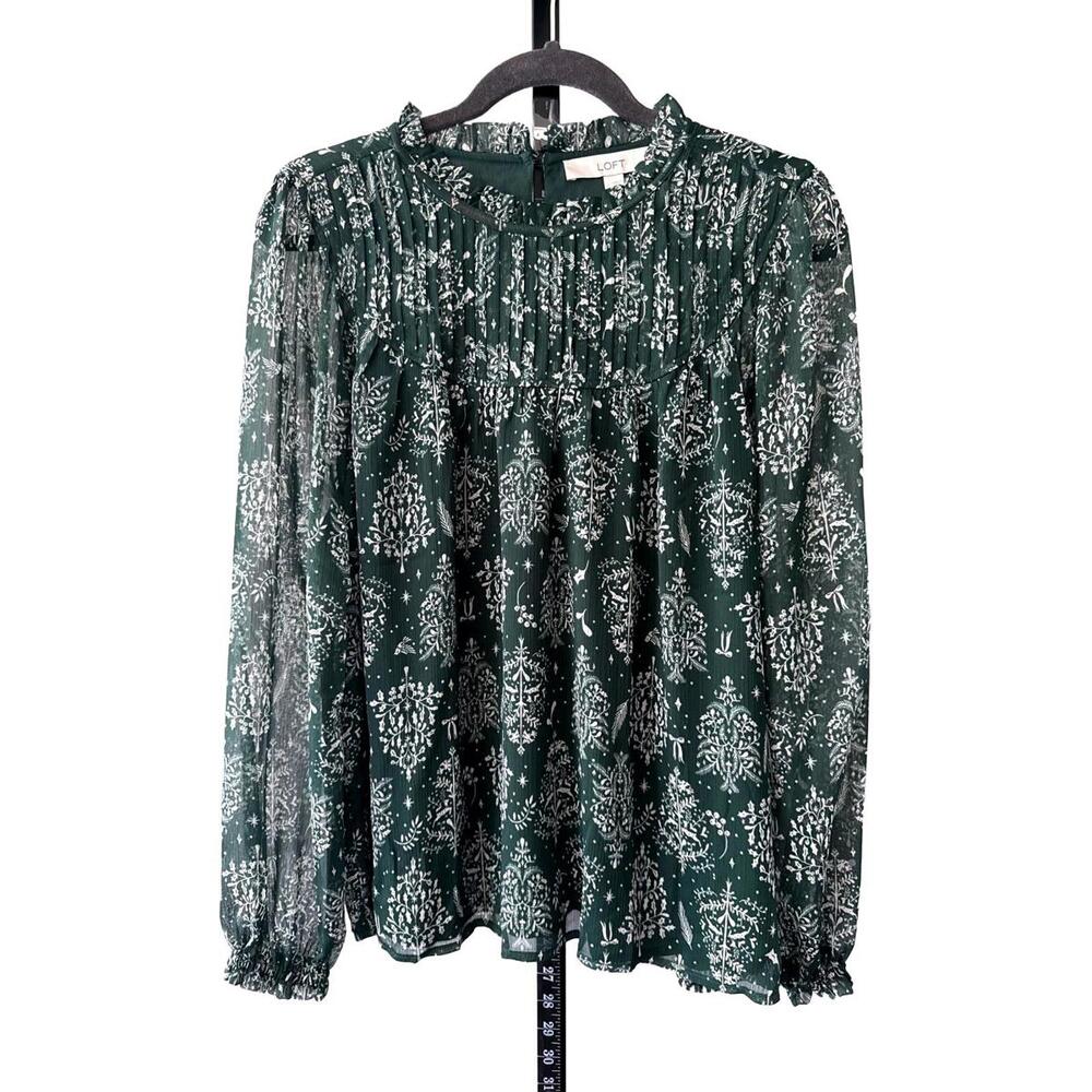 LOFT Women's Green Floral Long Sleeve Blouse